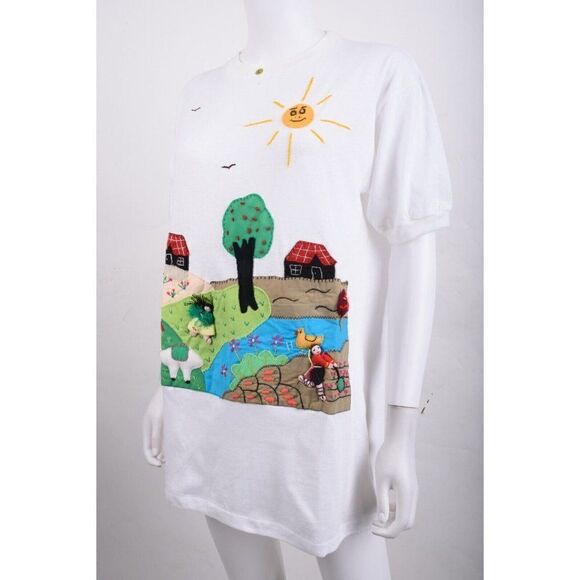 La Vicuna Peru Womens StichWork Shirt Top L White Village scene Head Band - Picture 3 of 9